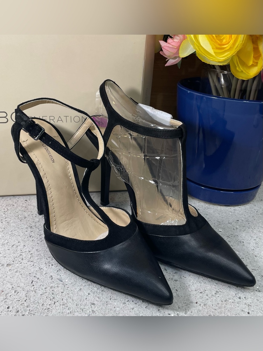 BCBGeneration Black Pointed Toe T-Strap Stiletto Heels